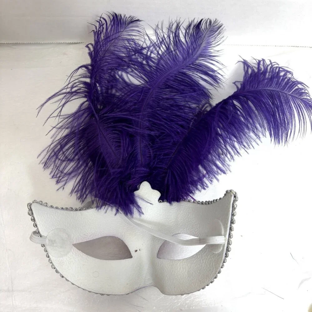 Mardi Gras Style Purple Silver Mask with Purple Ostrich Feathers EUC